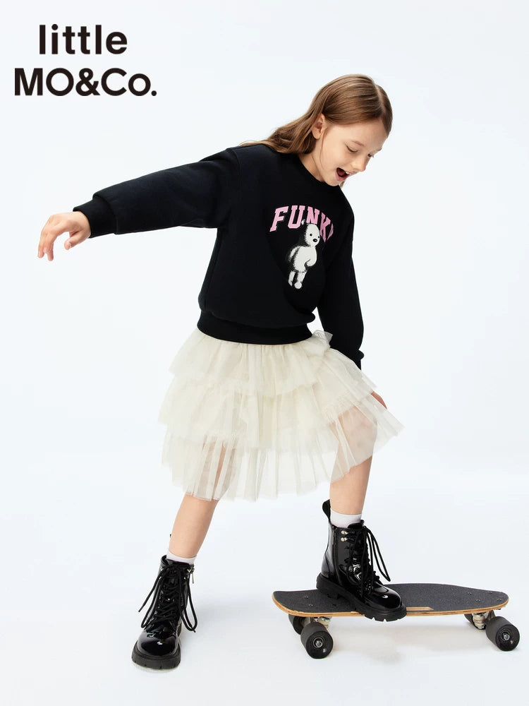 Little Moco uşaq geyimləri, yaz və payız qızlar üçün dairəvi yaxalı sviter, naxışlı sviter, uşaq topu.