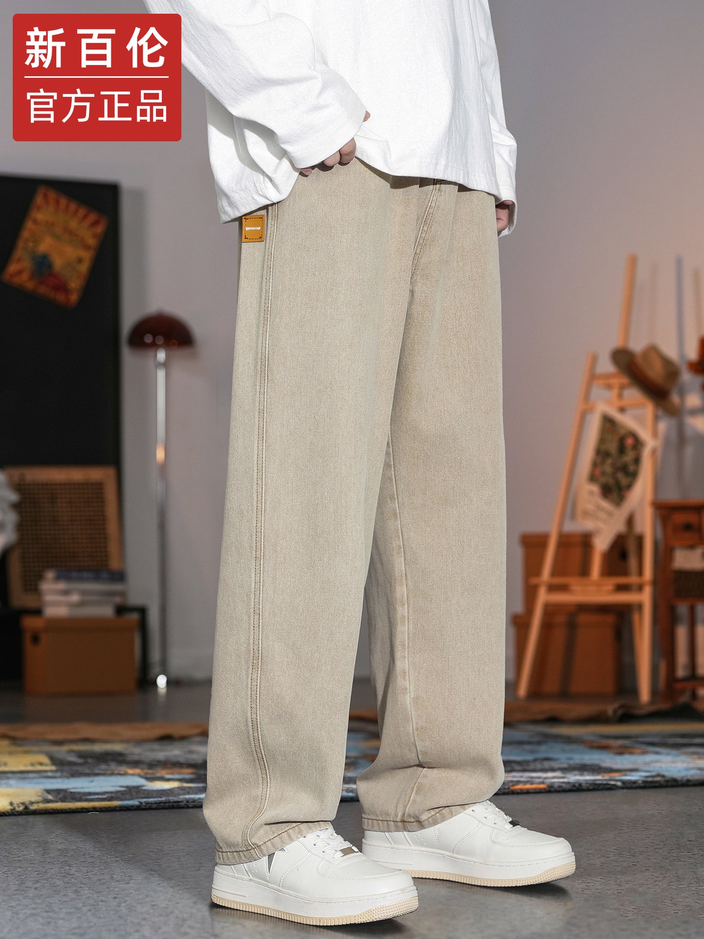 Kişilər üçün New Balance xaki cins şalvarı, 2025-ci ilin payız yeni modeli, boş, düz ayaqlı gündəlik iş şalvarı.