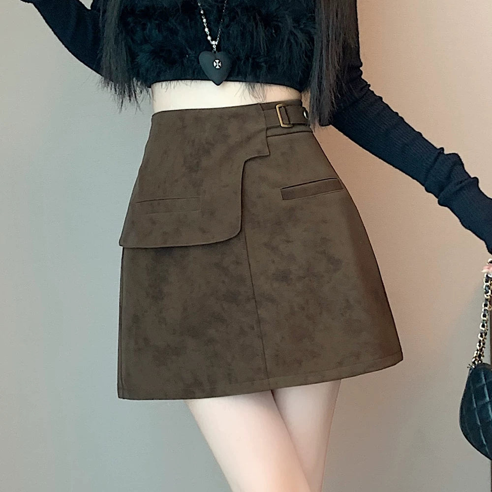 Böyük ölçülü qadınlar üçün Amerika üslubunda qeyri-müntəzəm iş geyimi bodycon mini ətək, payız və qış, Merard qəhvəyi zamşa A-xəttli ətək