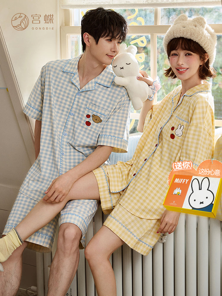 Gongdie [sərin tip] Qadınlar üçün Miffy cüt pijama kişilər üçün yay qısaqol pambıq plaid hırka böyük ölçülü ev geyimi