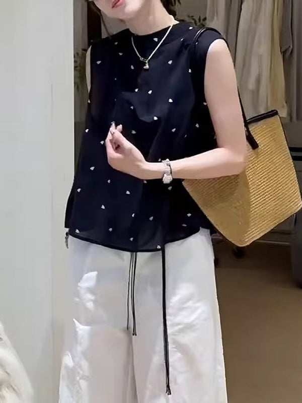 Böyük Ölçülü Qadınlar üçün Koreya Üslubunda Arxa Qalstuk Polka Nöqtəli Köynək Jilet Yay Yeni Üslubunda Boş Uyğunluqlu Arıqladıcı Qolsuz Top