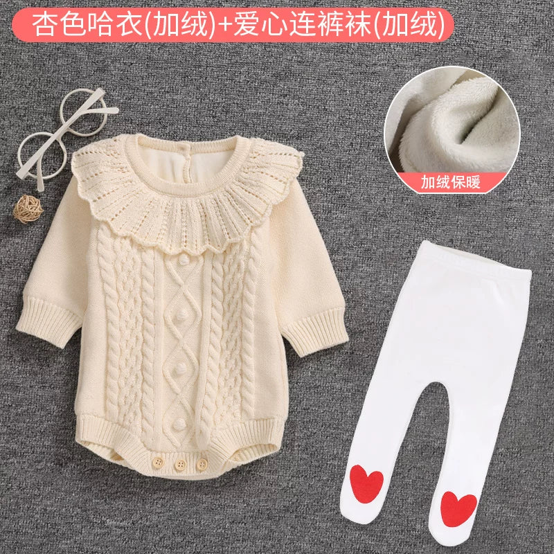 Qız uşağı üçün qış sviteri, yun astarlı, yeni doğulmuş/tam aylıq körpə geyimləri, şahzadə stilində şık romper, ilk ad günü dəsti, qırmızı.