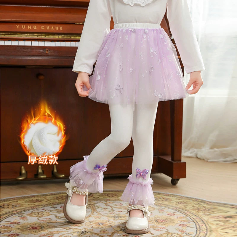 Qızlar üçün bir hissəli ətək şalvarları, 2025-ci ilin yaz və payız mövsümü üçün yeni model uşaq qış geyimləri, flis astarlı, süni iki hissəli leqinslər, ağ, çöldə geyinmək üçün.