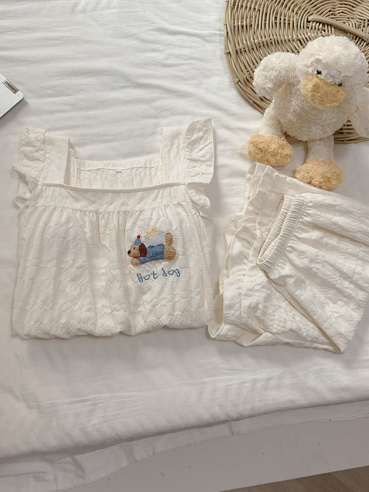 Qadınlar üçün döş yastıqlı pijama, yay buludlu pambıq tekstura, dachshund it asma şort, jilet, üst geyimi ev paltarı dəsti