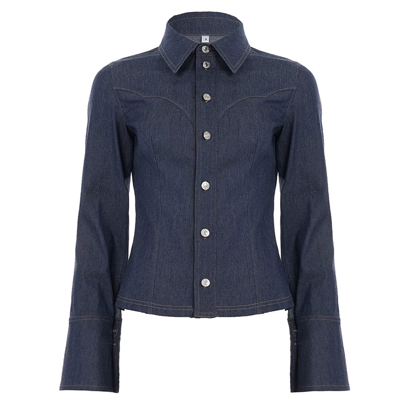 FUNOFF Amerika Retro Tünd Göy Düyməli, Aşağıya doğru denim Uzunqol Köynək, Küçə Stilində, Sadə Bölünmüş Bel Xüsusiyyətləri Bəxş Edən Top, Payız