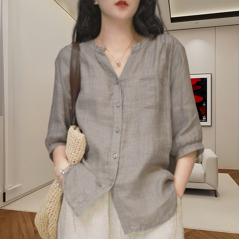 Nazik rami köynək, yay üslubunda, böyük ölçüdə, dəbli və boş V-yaxalı, düz rəngdə, çoxfunksiyalı köynək, orta uzunluqlu qollar, arıqladıcı köynək.