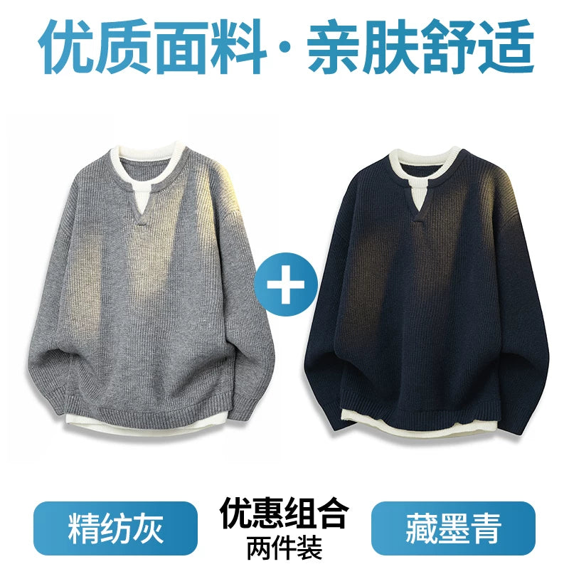 Romon Faux İki Hissəli Sviter Kişilər üçün 2025 Yeni Payız və Qış İsti Trikotaj Qalınlaşdırılmış Daxili Qatlı Kişi Topu