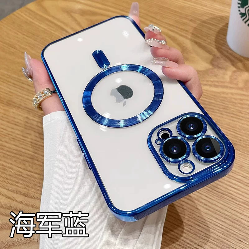 Apple iPhone 16 üçün uyğundur, iPhone 11/12/13/14 Pro Max üçün zərbəyə davamlı silikon korpus, i15 Plus üçün yeni maqnit linza tam örtük, kişilər və qadınlar üçün yüksək keyfiyyətli elektrokaplamalı cüt ultra nazik şəffaf yumşaq korpus.