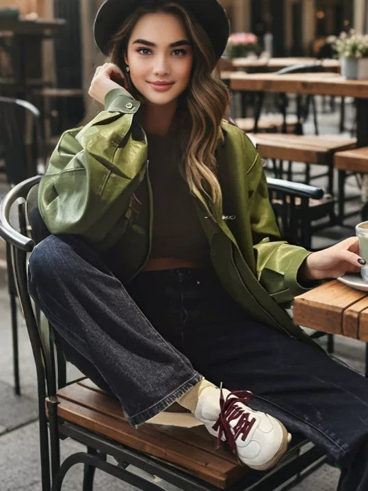 Qadınlar üçün çoxfunksiyalı yaxalı dəri gödəkçə