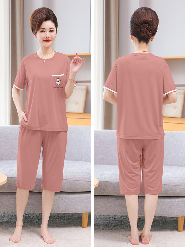 Fenton Kean Modal Pijama Qadın Orta Yaşlı və Yaşlı Analar üçün Yay İncə Qısaqol Soyuq Pullover Ev Geyimi Dəsti