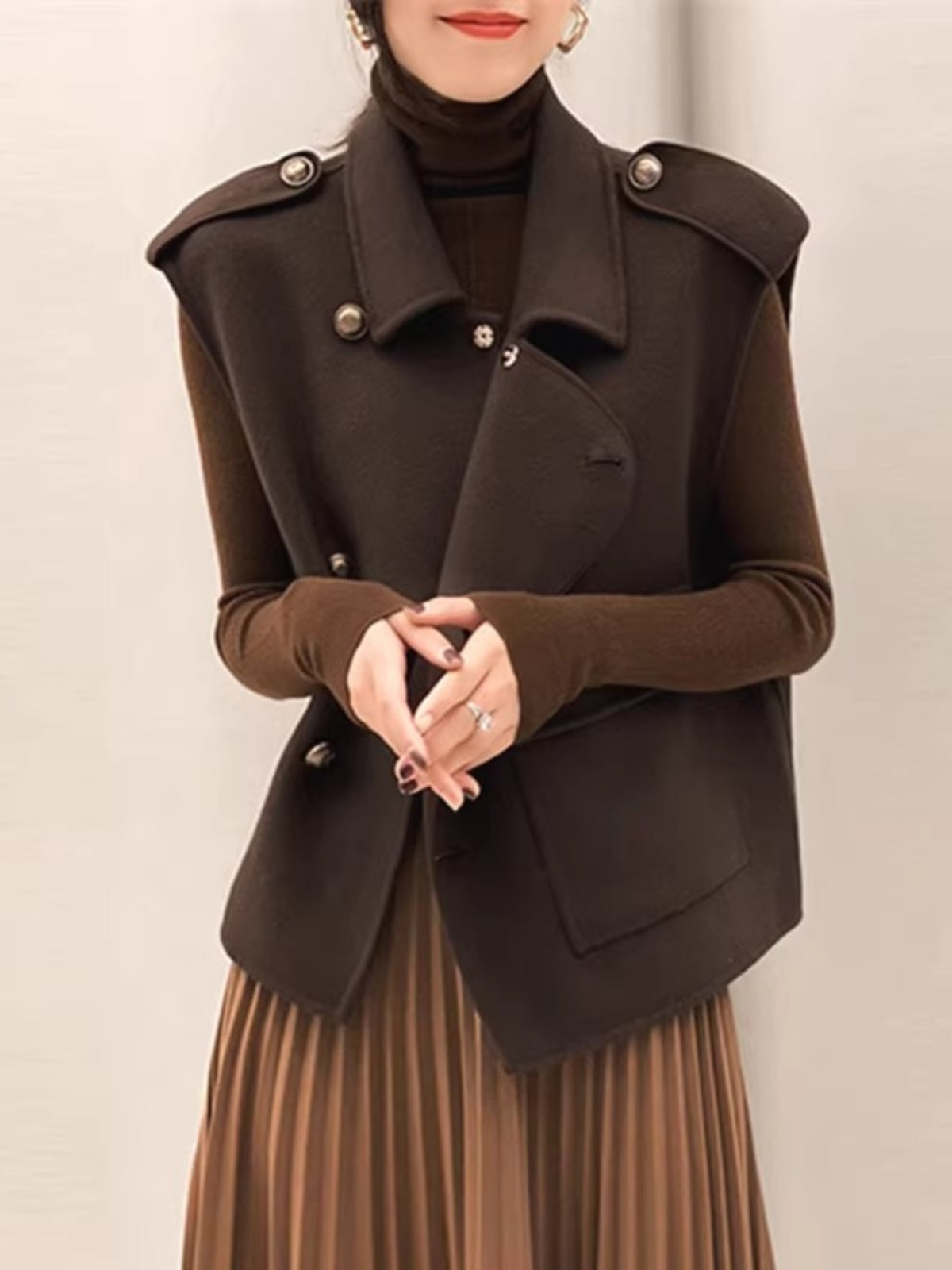 Brend endirimli mağaza endirimləri: İkiüzlü yun kaşmir jilet, qadın qısa, geniş, qolsuz hırka.