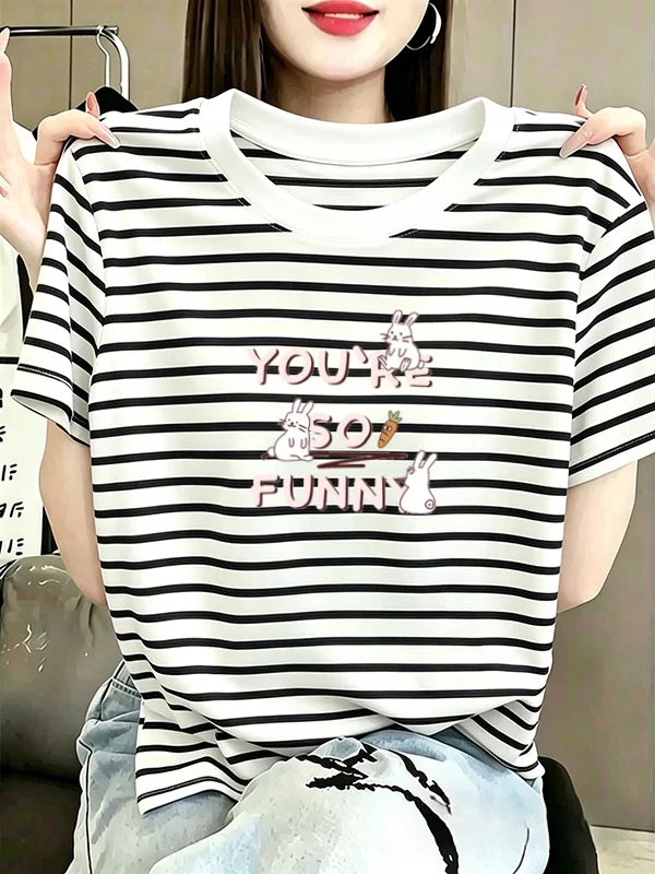 Qadınlar üçün təmiz pambıq qısaqol köynək, boş yay, yağlı mm, orta yaşlı ana, qarnı örtmək üçün böyük ölçülü qadın geyimi, arıqlayan zolaqlı top
