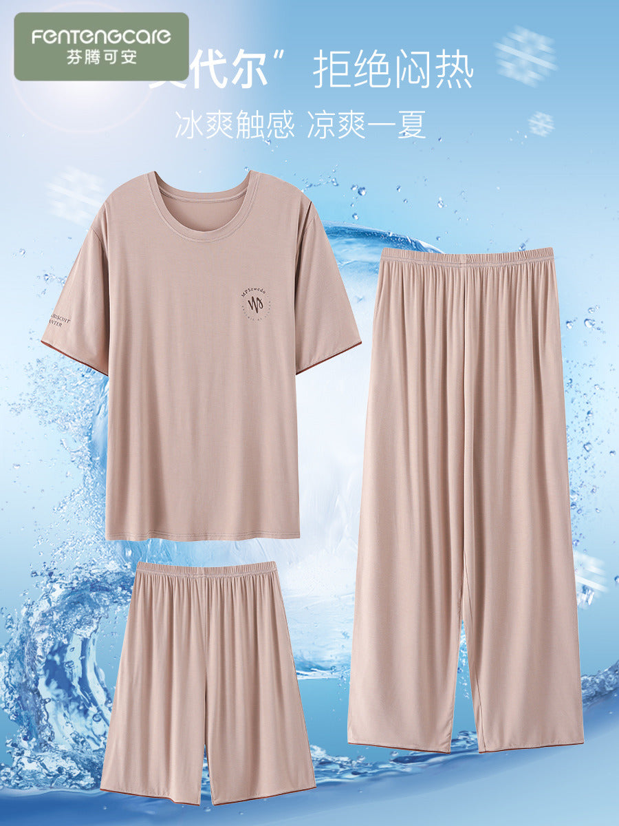 Fenton Ke'an modal kişi pijama üç hissəli yay qısaqol şalvar nazik buz ipək böyük ölçülü ev paltarı dəsti