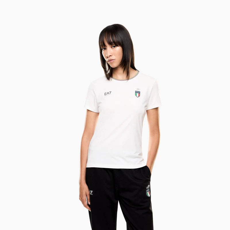 EMPORIO ARMANI EA7 Qış Yeni Qadın Dəyirmi Yaxalı Dartılan Pambıq Qısa Qollu İdman Məşq Köynəyi