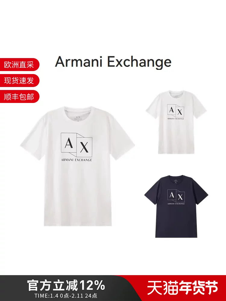 Armani AX Kişilər üçün Pambıq Həndəsi Loqolu Naxışlı İncə Fit Kürək Yaxalı Qısa Qollu Futbolka 3DZTAD ZJ9AZ