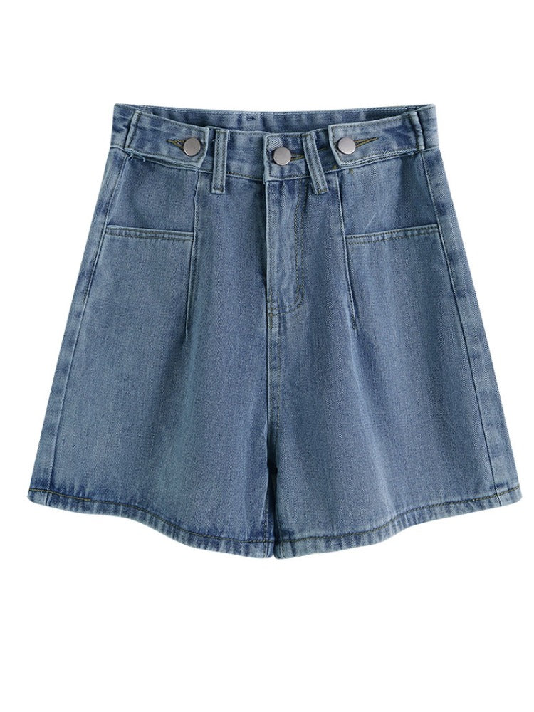 Qadınlar üçün böyük ölçülü, yüksək belli mavi denim şort, yay üçün mükəmməldir, armud formalı və bir az dolğun qadınlar üçün uyğundur, arıqladıcı enli kapri şalvar.