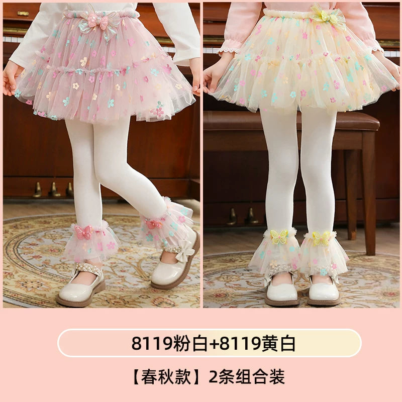 Qızlar üçün bir hissəli ətək şalvarları, 2025-ci ilin yaz və payız mövsümü üçün yeni model uşaq qış geyimləri, flis astarlı, süni iki hissəli leqinslər, ağ, çöldə geyinmək üçün.