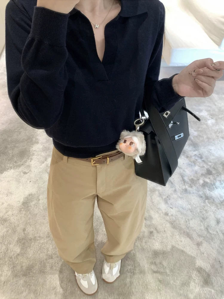 Qadınlar üçün köhnə üslubda polo yaxalıqlı toxunma sviter, payız, tənbəl, zərif, gənc, gündəlik V-yaxalı uzunqol köynək