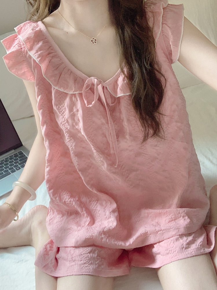 Qadınlar üçün döş yastıqları olan pijama, yay buludlu pambıq tekstura, asma şort, jilet, üst geyim, ev geyimi dəsti