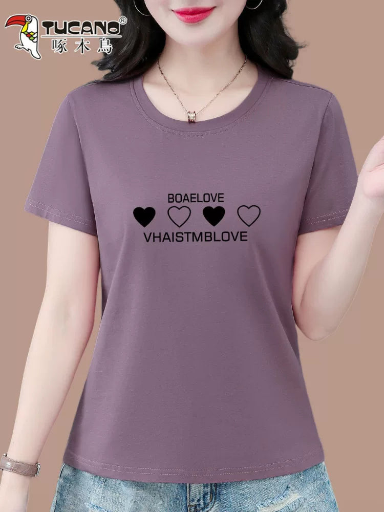 Ağacdələn təmiz pambıq qısaqol köynək qadınlar üçün yay 2026 yeni orta yaşlı ana təsadüfi xarici stil boş qadın top T-shirt