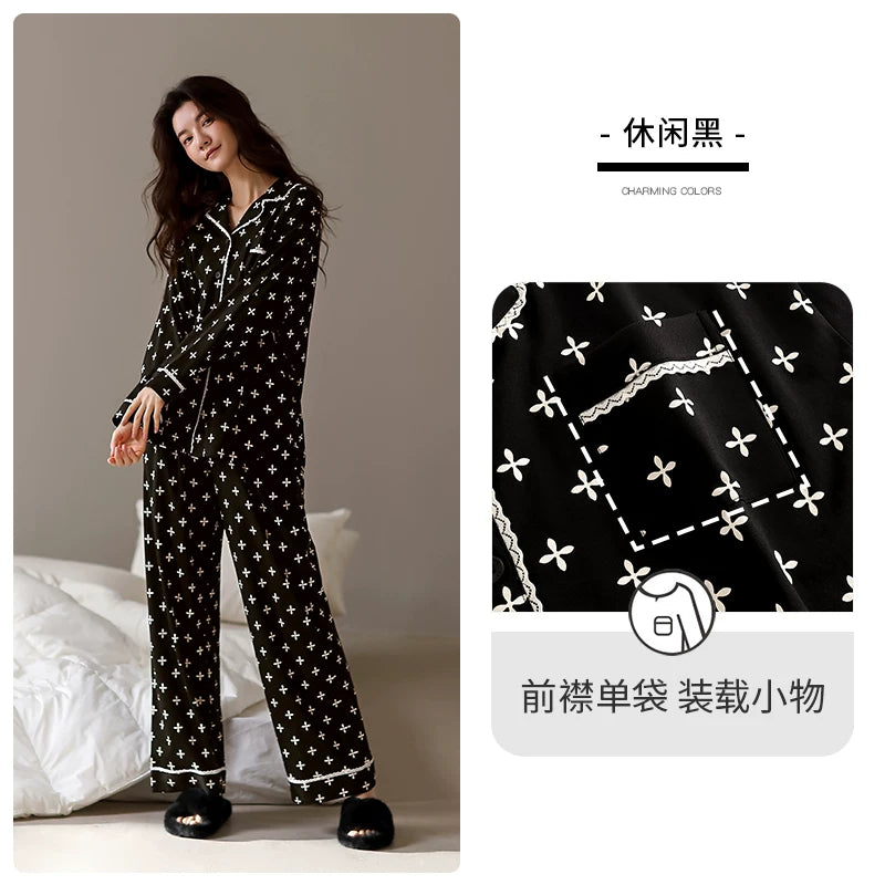 Jialefen Qadınlar üçün Yaz və Payız Modalı Uzunqollu Ev Geyimi Yay İncə Zebra Dəsti Qara Yüksək Ucuz Stil