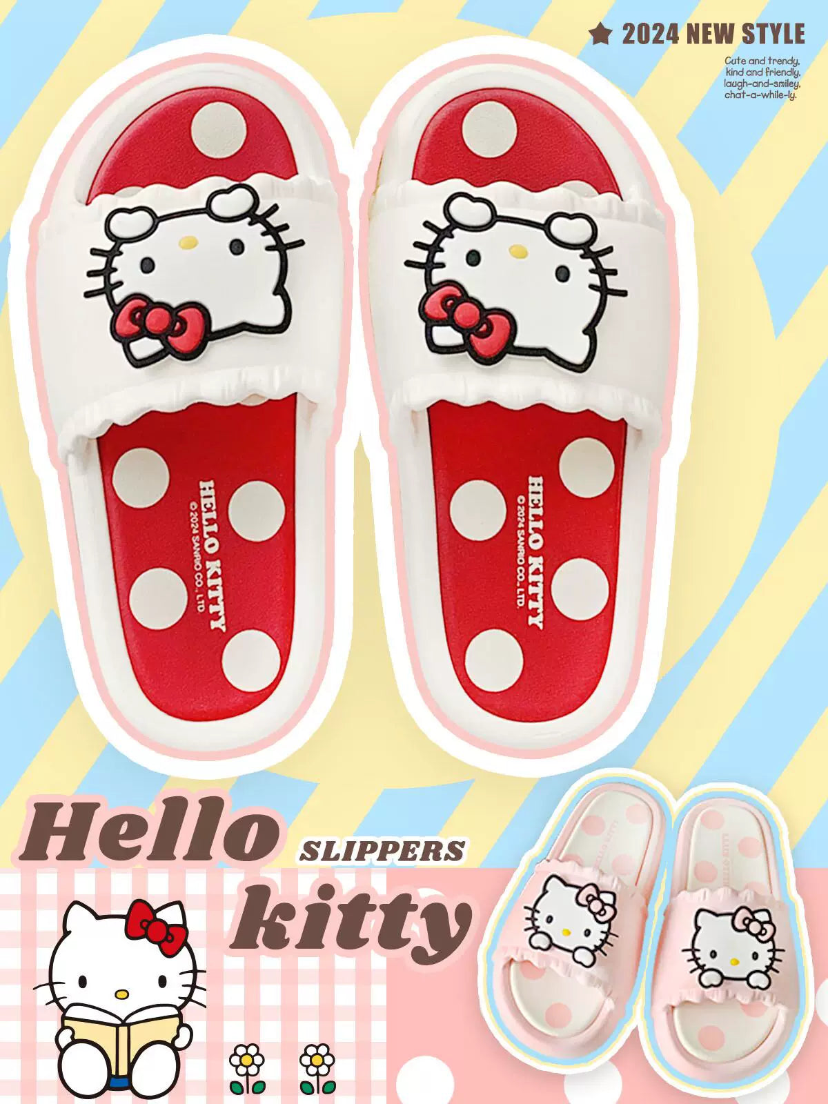 Qadınlar üçün gözəl Hello Kitty terliklərinin nazik zolaqları Sanrio birgə yay valideyn-uşaq açıq havada qapalı terlik