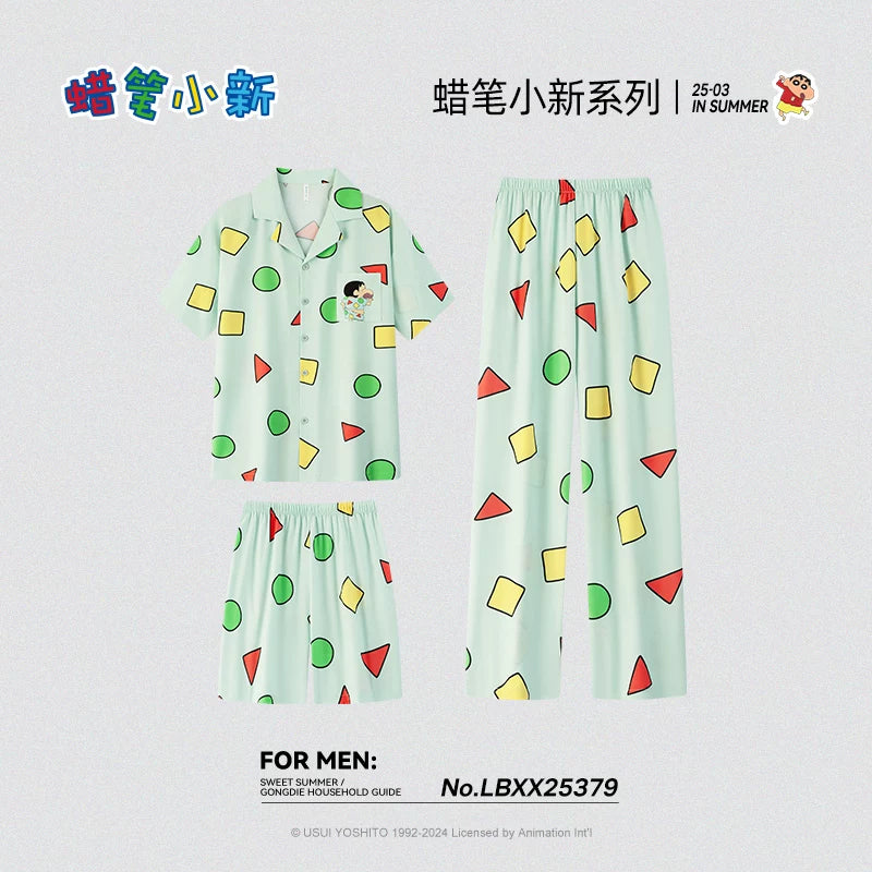 Gongdie [3 parça dəst] Crayon Shin-chan cüt pijama kişi və qadınlar üçün qısaqol yay şalvar, eyni tərzdə qoz pambıq ev paltarı