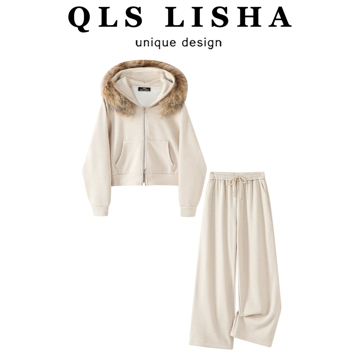 Chorlisa's Tənbəl Style Xəz Yaxalıqlı Kapüşonlu Sviter Gödəkçə Qadın Payız və Qış Dəsti Gündəlik Geniş Ayaqlı Şalvar Yun Astarlı İki Hissəli Dəst