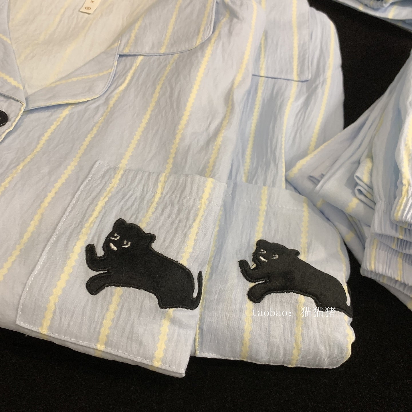 Naxışlı qara pişik cüt kişi və qadın pijama təmiz pambıq cuna üç hissəli yay qısaqol zolaqlı böyük ölçülü nazik ev paltarı