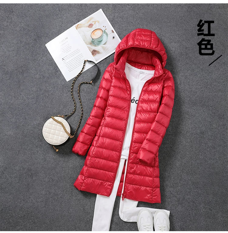 2024 Autumn/Winter New Women's Lightweight Jacket, Mid-Length, White Duck Down, Korean Style, Slimming and Comfortable, Detachable Hood