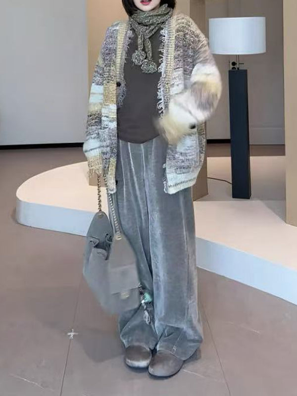 Qadınlar üçün böyük ölçülü, rahat üslublu məxmər enli ayaqlı şalvarlar, 2026-cı ilin yazı, bir az kök qadınlar üçün boş formalı, ombanı örtən, arıqladıcı gündəlik şalvar.