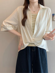 Qadınlar üçün böyük ölçülü dizaynlı, düyünlü süni iki hissəli qısaqol köynək, 2026-cı ilin yayı, geniş formalı, şık və gözəl, dəbli top.