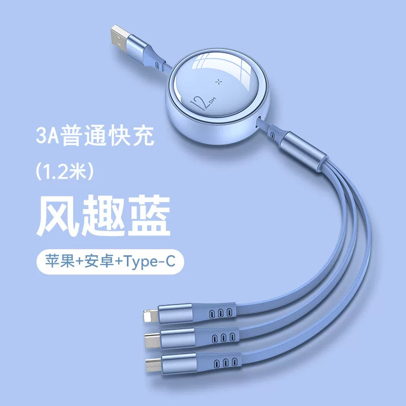 Avtomobil şarj cihazı, 100 Vt məlumat kabeli, super sürətli şarj, 3-ü 1-də geri çəkilə bilən kabel, Apple, Android və Type-C ilə uyğundur.