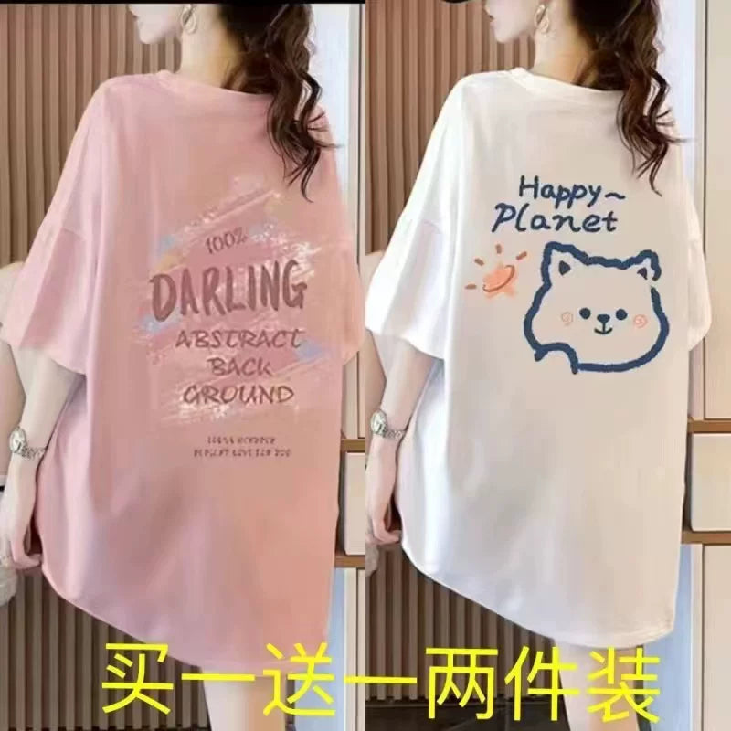 Tək/iki ədəd böyük ölçülü qadın boş qısaqol köynək qadın yay yeni nazik moda çap orta uzunluqlu ins trend