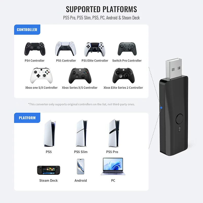 PS5/Xbox One S/PS4 nəzarətçisi Switch/OLED/PC/PS4 Bluetooth qəbuledici çeviricisinə qoşulmuşdur