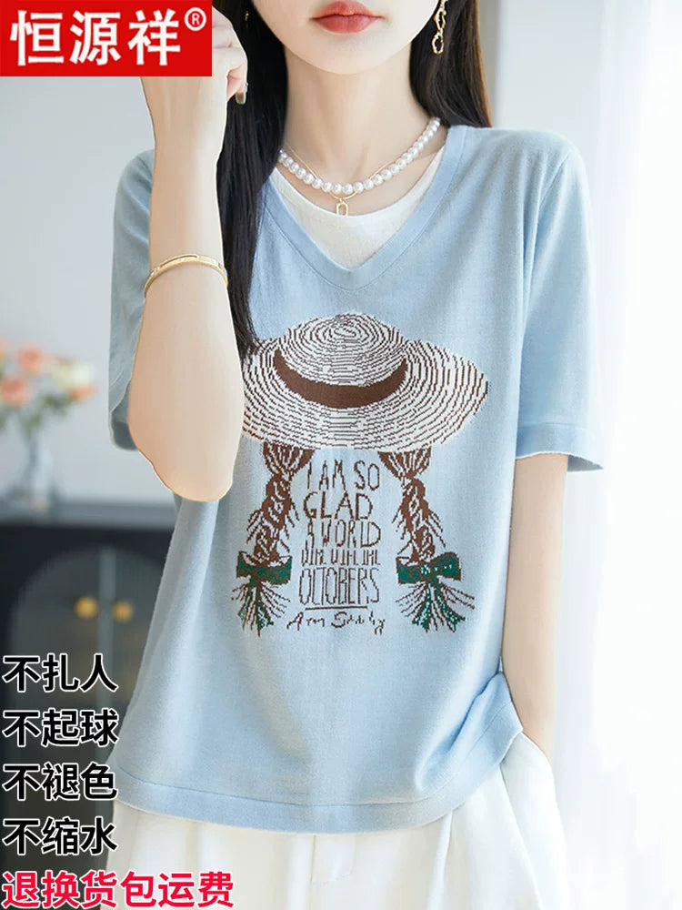 Hengyuanxiang saxta iki hissəli tut ipək qısaqol köynəklər, dəbli və fərdiləşdirilmiş V-yaxa yay təsadüfi temperamentli buz ipək zirvələri