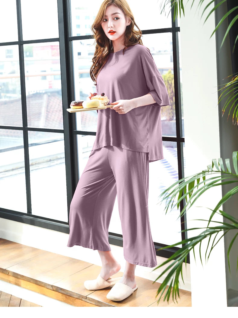 Qadınlar üçün 2026 Yeni Pijama Yay Nazik Modal Pambıq Kəsilmiş Şalvar Qısaqol Döş Yastıqları ilə Buz İpək Sərin Ev Geyimi