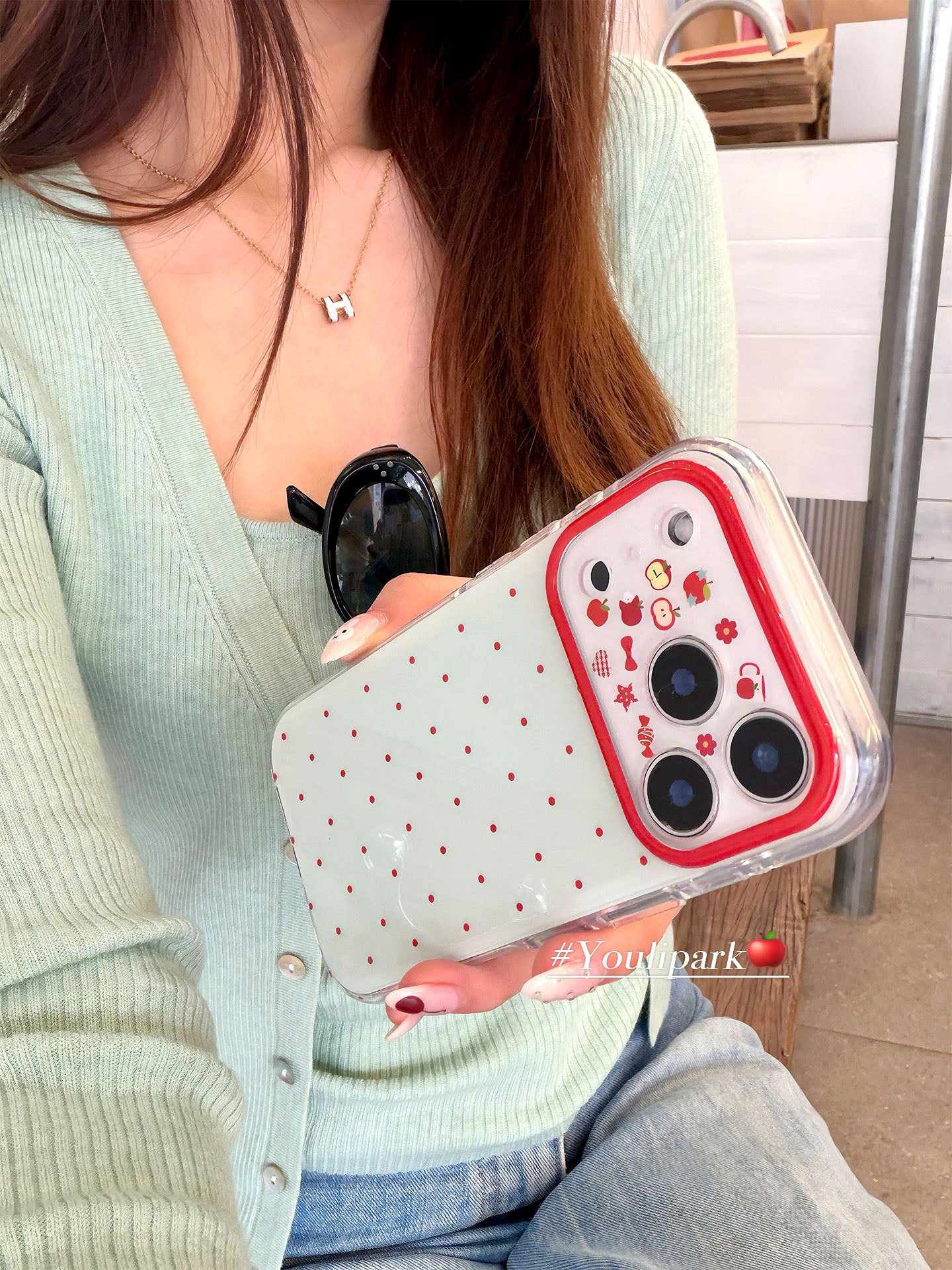 Yuri Park ins Koreya qızı nanə yaşıl polka nöqtəli üçölçülü qırmızı Apple 17 17pro Apple 17ProMax mobil telefon üçün korpus iPhone16 hər şey daxil 14 yeni 16Promax qoruyucu örtük