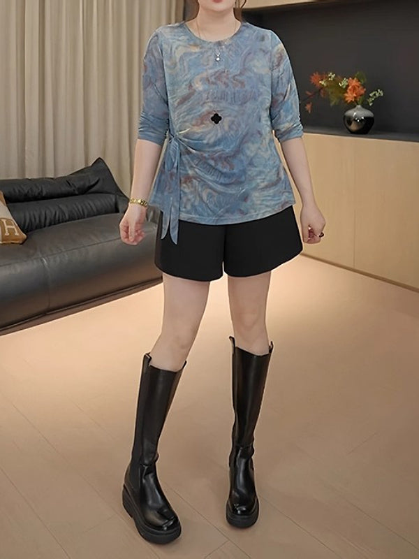 Böyük ölçülü, niş dizaynlı, tay-boya naxışlı torlu futbolka, erkən yaz yeni stili, böyük ölçülü qadınlar üçün arıqladıcı uzunqol köynək.