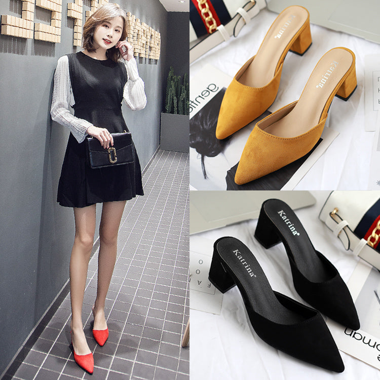 2025 Spring New Arrival Korean Style Pointed Toe Thick Heel Women's Half Mules, Fashionable and Multifunctional Fitting Room High Heel Slip-on Loafers