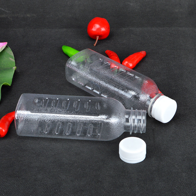№ 26 250ml birdəfəlik içki şüşəsi şəffaf plastik şüşə kvadrat ev heyvanları üçün qida dərəcəli şirə şüşəsi miqyaslı