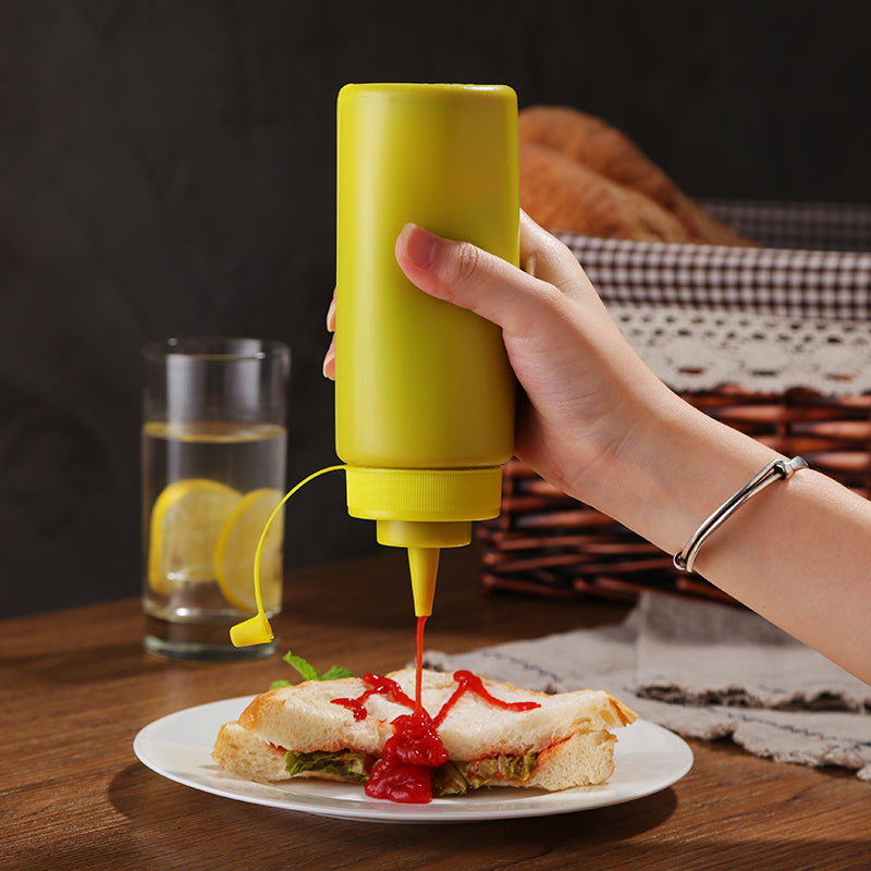 Sıx sous şüşəsi pomidor salatı sousu plastik ucluq sıxmaq üçün sıxma şüşəsi kommersiya yağ şüşəsi məişət sousu sousu ədviyyat şüşəsi