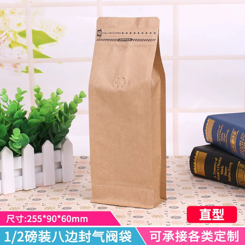 Zhanfei qəhvə çantaları, 10 səkkiz tərəfli möhürlənmiş kraft kağız alüminium folqa öz-özünə bağlanan çantalar, bir tərəfli hava klapanlı qəhvə lobya çantaları